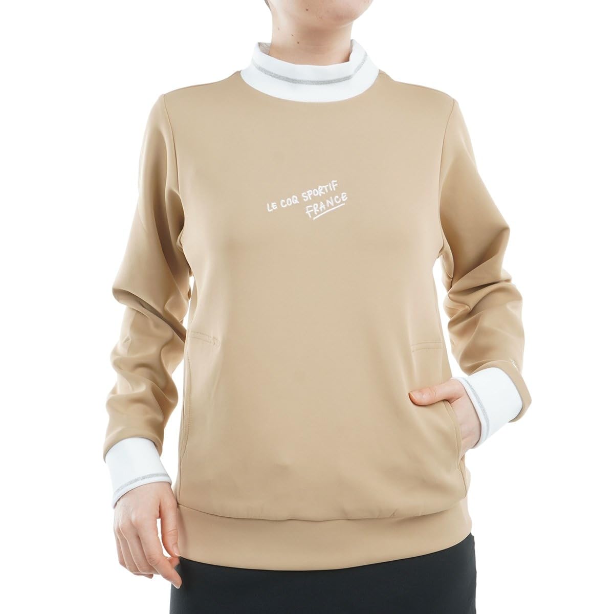 

Le Coq Sportif Golf Mock Neck Pullover Sweater with Cardboard Loose Golf LG4FSW01L Women s Knit, Fit, Midlayer, (Beige)