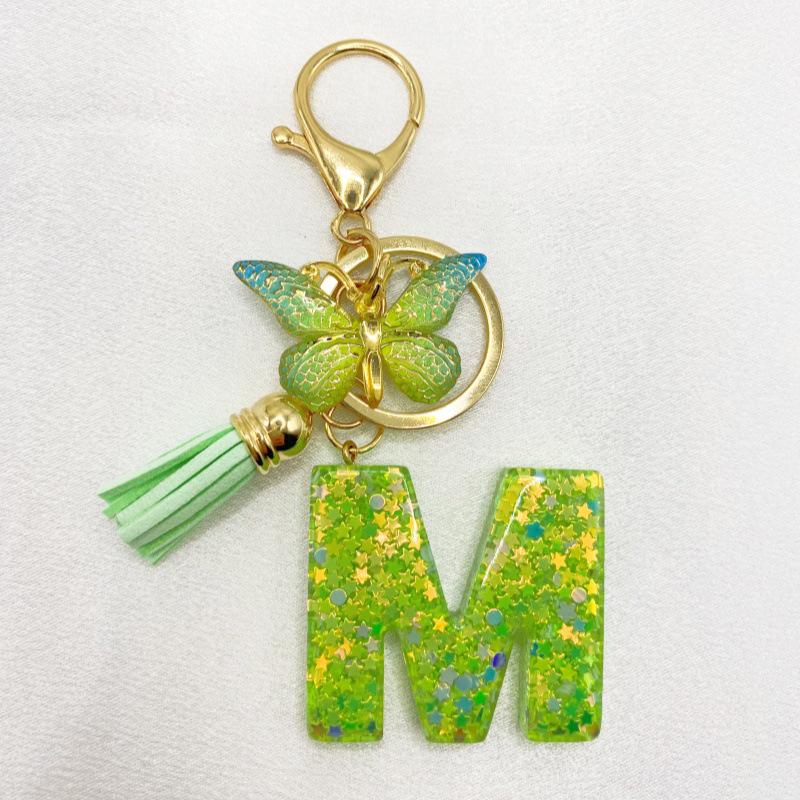 26-Letter Alphabet Resin Keychain with Star Sequins & Tassel Charm