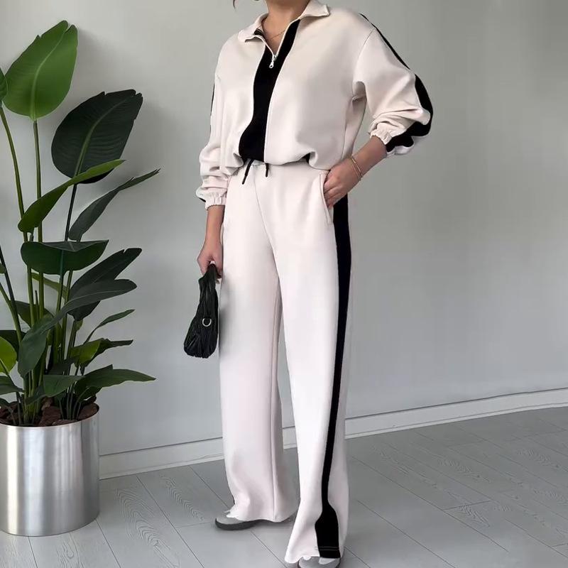 2025 Autumn Women's Fashion Color Block Casual Knitted Two-Piece Set