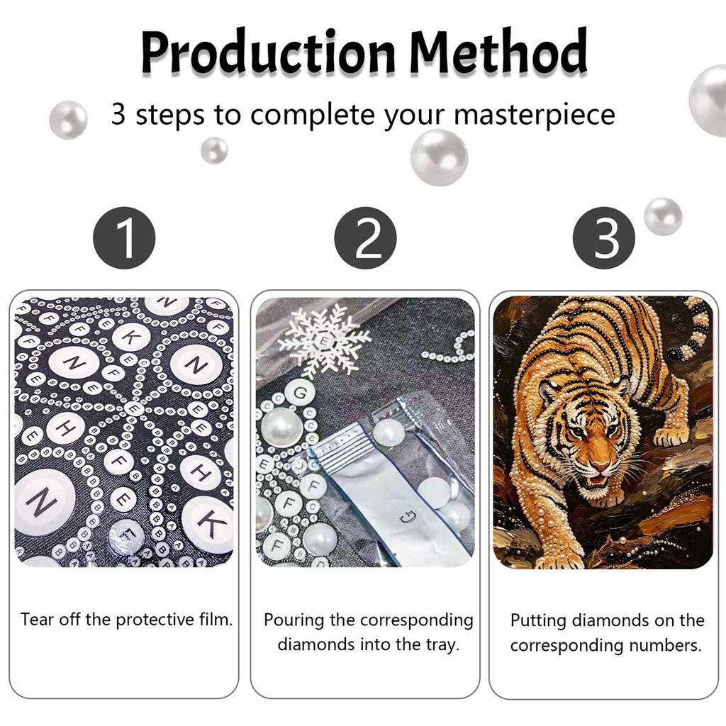 DIY Pearl Tiger Pattern 5D Rhinestone Art Kit for Adults Round Half Pearls Wall Decoration Handmade Craft Gift Frameless
