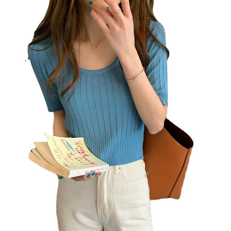 French Waist Top Summer Women's New U Neck Thin Ice Silk Knit Short Sleeve T-shirt Square Neck Short Shirt