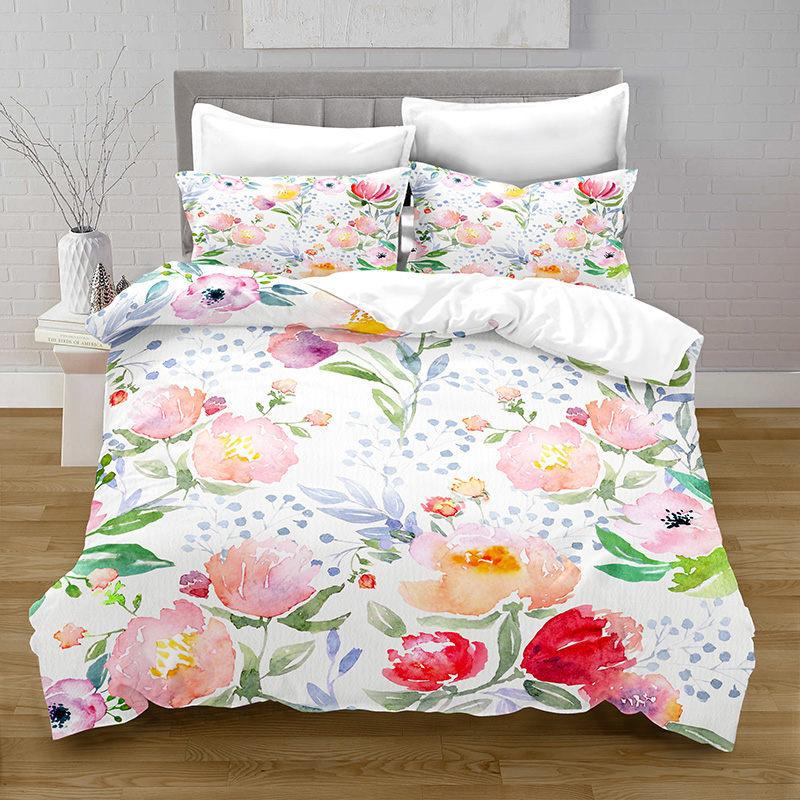 Colorful Flower Green Leaf Bedding Three-Piece Quilt Cover