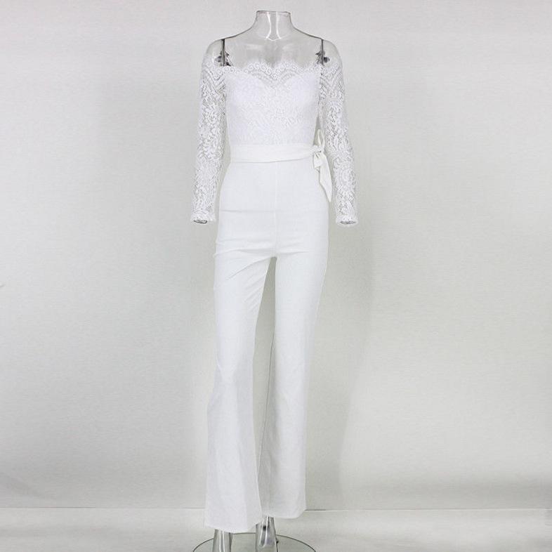 Off-Shoulder Jumpsuit med Blonde-Patchwork og Sommerfugldetaljer med Vide Ben