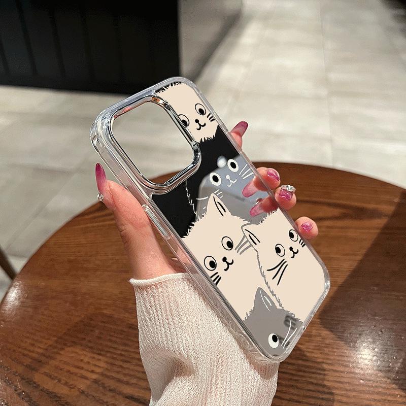 Silver Frame Mirror Phone Case for iPhone 15/14/13/12 Pro Max with Three Cat Design