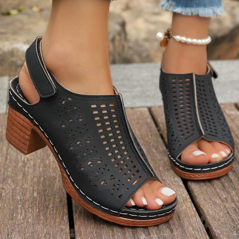 Fashion Retro Large Size Women's Sandals Thick Heel Roman Style Slip-On Shoes PU Leather Rubber Sole Comfortable Sandale Femme