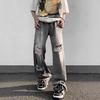 American Street Hip Hop Ripped Jeans Men's Spring Trend Brand Loose Washed Old Grey Wide Leg Pants