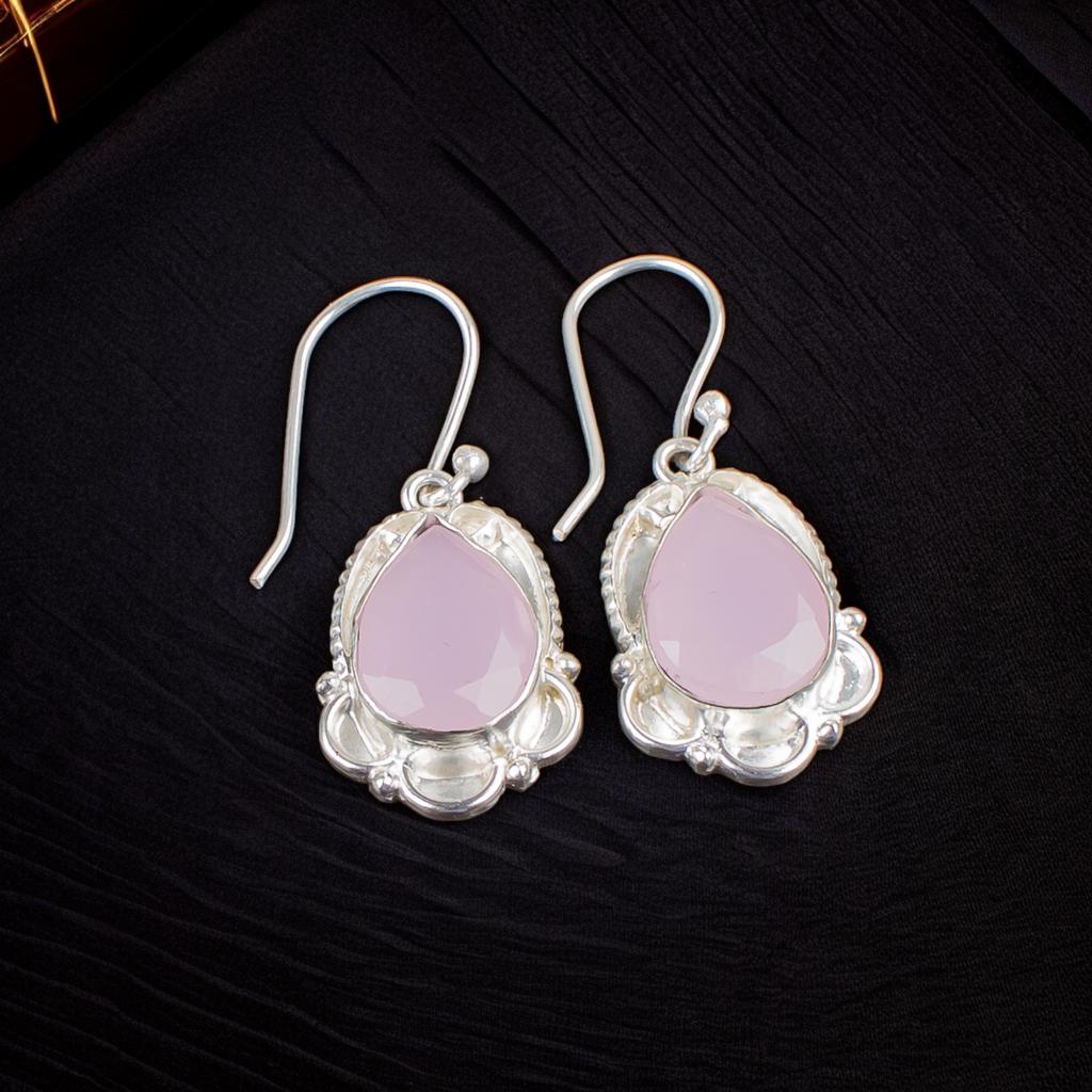 Rose Calcedony Gemstone 925 Sterling Silver Trendy Jewelry Earrings For Wedding EE-41-15