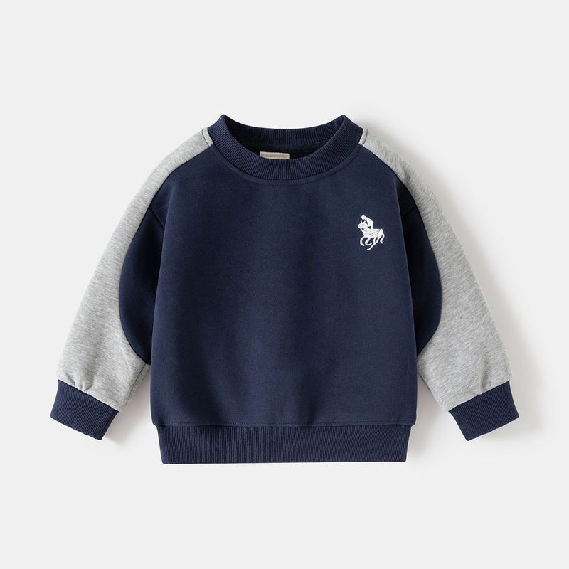 Spring and Autumn Children s Clothing Boys  Long-Sleeved Sweatshirt Korean Style Children s Color-Blocked Casual Top Boys  Pullover Clothes Navy Blue 90 cm