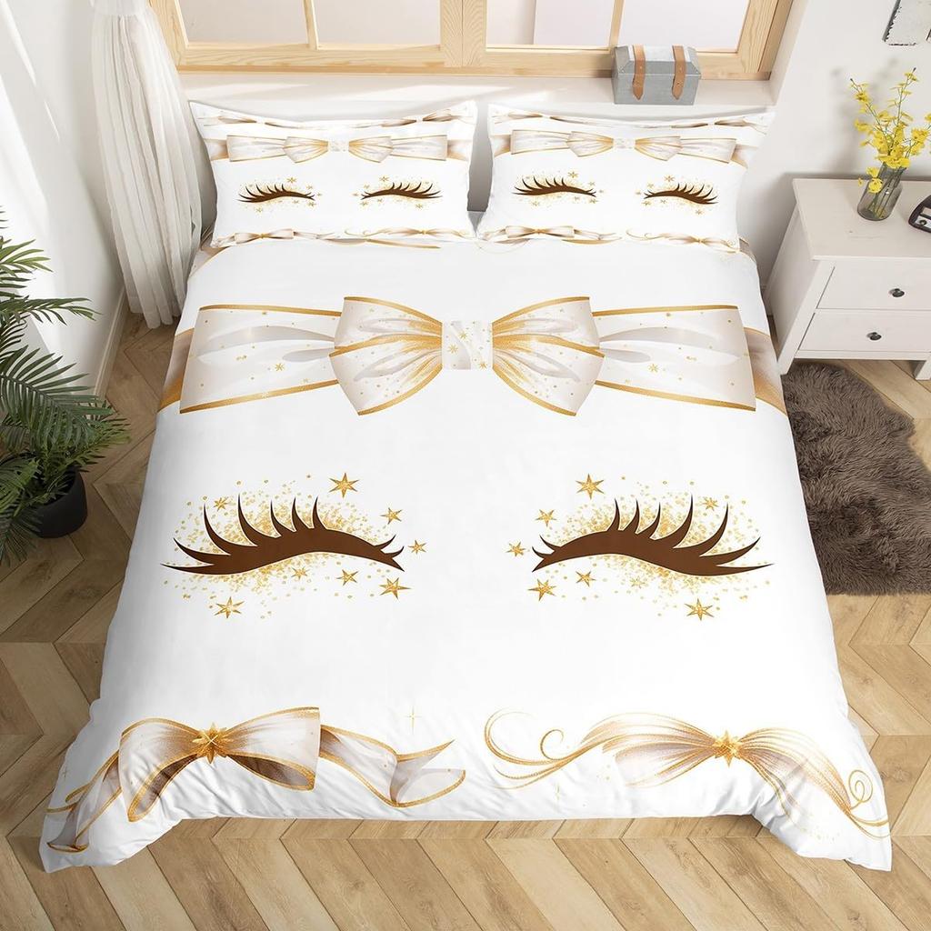 Girls Crown Eyelash Duvet Cover Twin Queen Size Gorgeous Glitter Diamond Princess Style Bedding Set Romantic Bowknot Quilt Cover