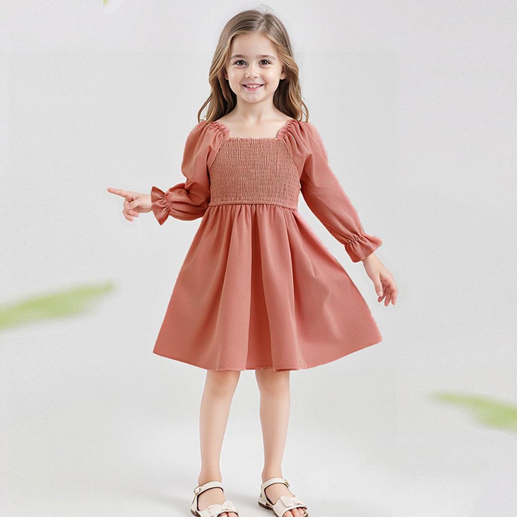 Girls' Fashion Cute Solid Color Square Neck Sleeve Ruffled High-Waisted Lace-Trimmed Full-Skirt Dress