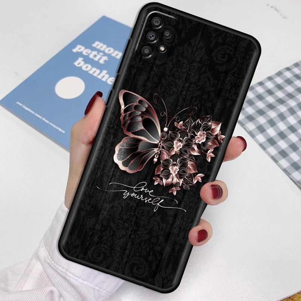 Case For Samsung Galaxy A52 A12 A32 A51 A21s A71 A13 A53 A22 A31 A72 A03 A02s A41 Black Phone Shell Beauty Pink Butterfly