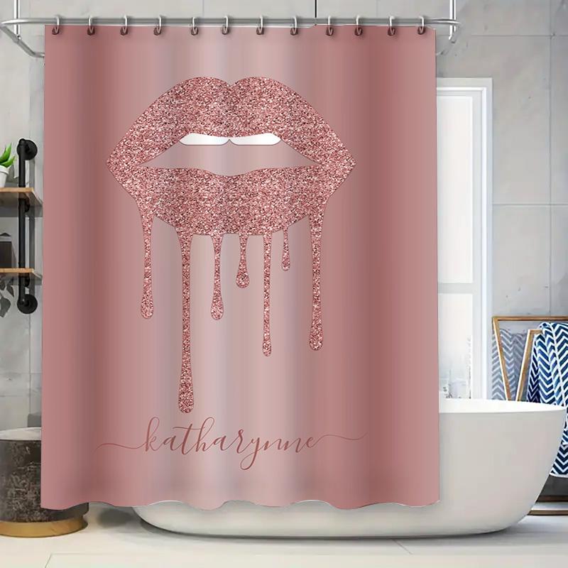 

Luxury Glitter Lip Print Shower Curtain Set For Bathroom Decor Pink Rose Gold Metal Hook With Custom Name Monogram Gift W60H190(CM)-1 Pcs