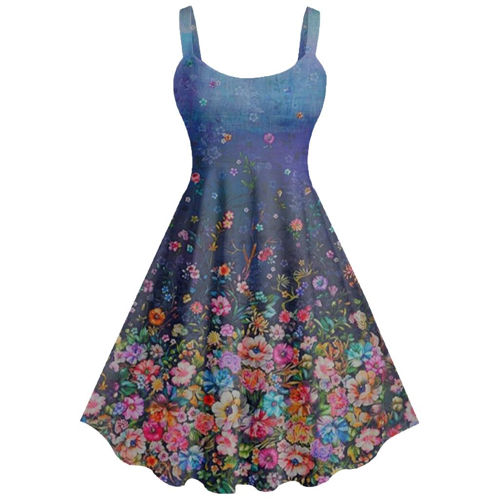 Women's Casual And Fashionable Print Sexy Suspender Retro Dress Big Swing Dress Dress