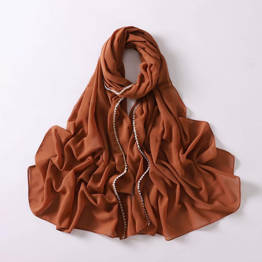 New Pearl Chiffon Hijab Scarf Copper Chain With Black Crystal Pearls Women Muslim Fashion Hijabs For Women Ramadan Turban Femme