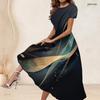 Women Plus Size Round Neck Short Sleeve Galaxy Printed A Line Long Dress