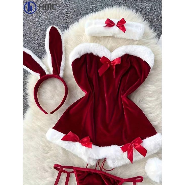 Sexy Naughty Santa Claus Cosplay Costume - Red and White Stretch Fabric Lingerie Set with Burgundy Bow, Thong, Headband and Collar - Adjustable