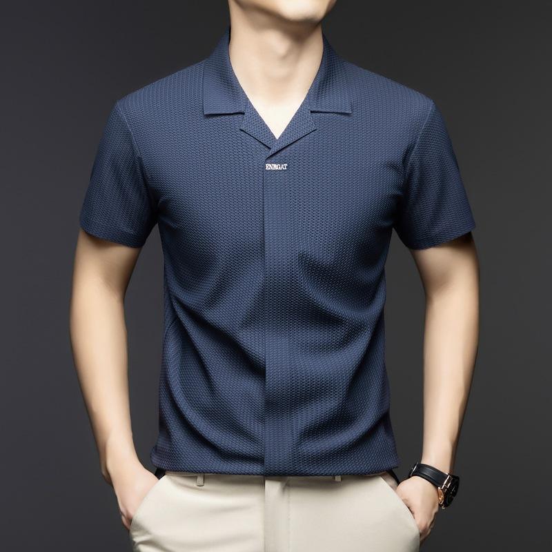 Short Sleeve Men'S Ice Silk Thin V-Neck Casual T-Shirt Medium Blue Polo Bottom Shirt