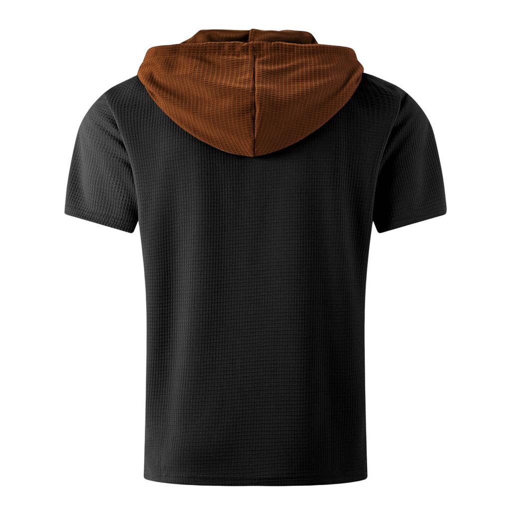 Men's Color Blocked Hooded Top With Pockets Casual And Comfortable Short Sleeved Shirt
