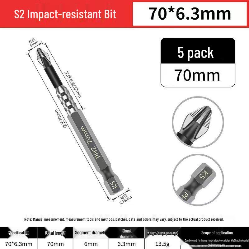 Impact-Resistant Magnetic Phillips Screwdriver Bit, Anti-Slip, High Hardness, Compatible with Electric/Hand Drills and Hex Air Drills
