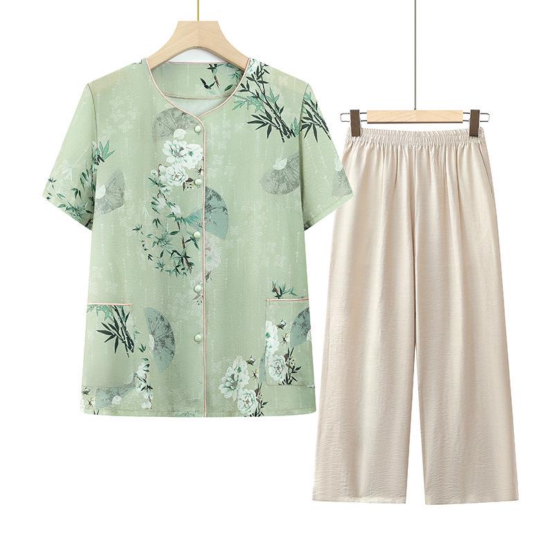 

Mother s Day Summer Two-Piece Set for Middle-Aged & Elderly Women – New Chinese Style Shirt Set 3XL [125-135 lbs]