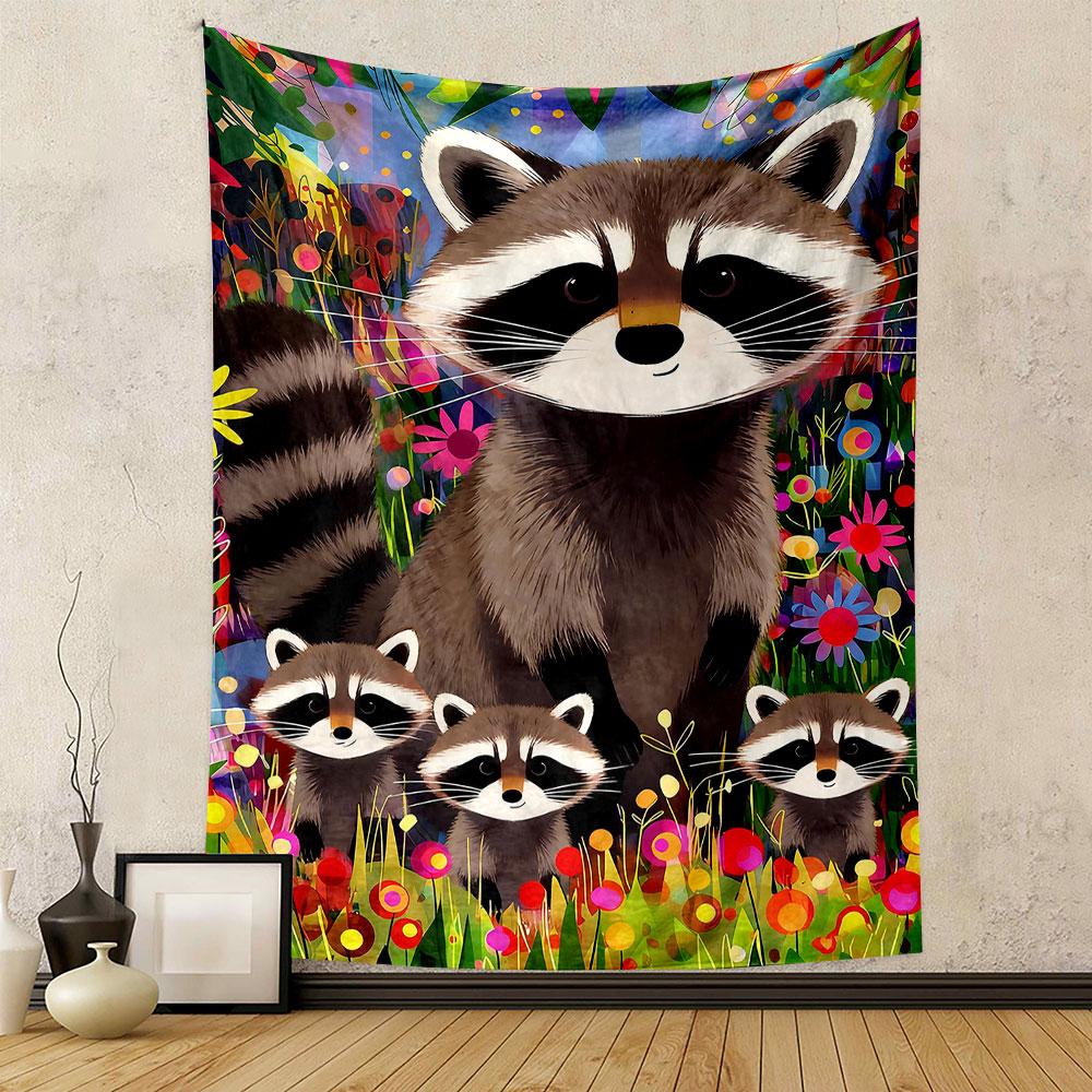 Raccoon Family in Colorful Flower Field Patterned tapestry home decor, suitable for bedroom and living room, gift