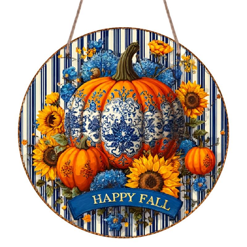 1Pc/2Pcs 2D Flat Aluminium Round Sign, Happy Fall Blue White Porcelain Pumpkin Sunflower Floral Metal Wall Art, Elegant Autumn Harvest Thanksgiving
