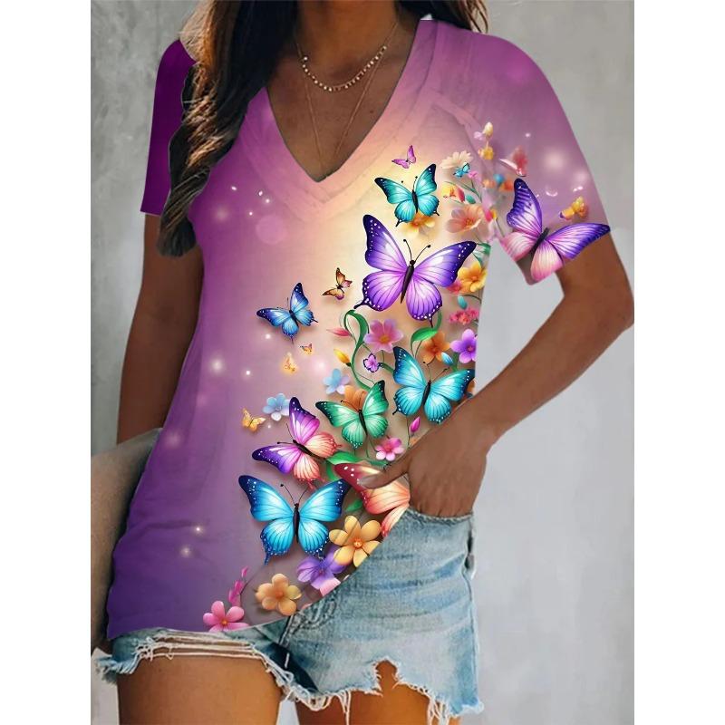 3D Printed Short Sleeve Butterfly Floral Print Women's V-Neck T-Shirt Summer Loose Women's Casual Short Sleeve Top