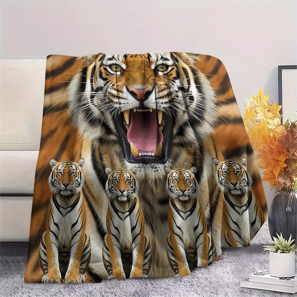 1Pc Tiger Lion Print Flannel Blanket, High Quality Comfortable for All Seasons, Home Decor, Warmth and Comfort, Perfect for Gifts