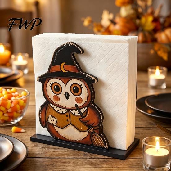 Holiday Party Supplies Halloween Wooden Napkin Holder, Cute Black Cat Mummy Pumpkin Reusable Wood Craft Desktop Organizer for Party, Spooky