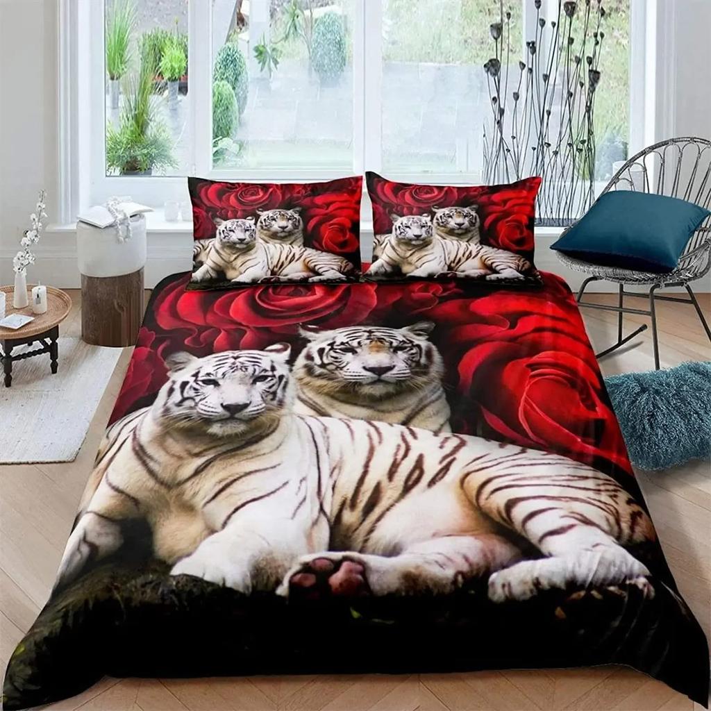 White Tiger Red Rose King Queen Duvet Cover Africa Big Cat 3D Polyester Bedding Set for Adult Teen