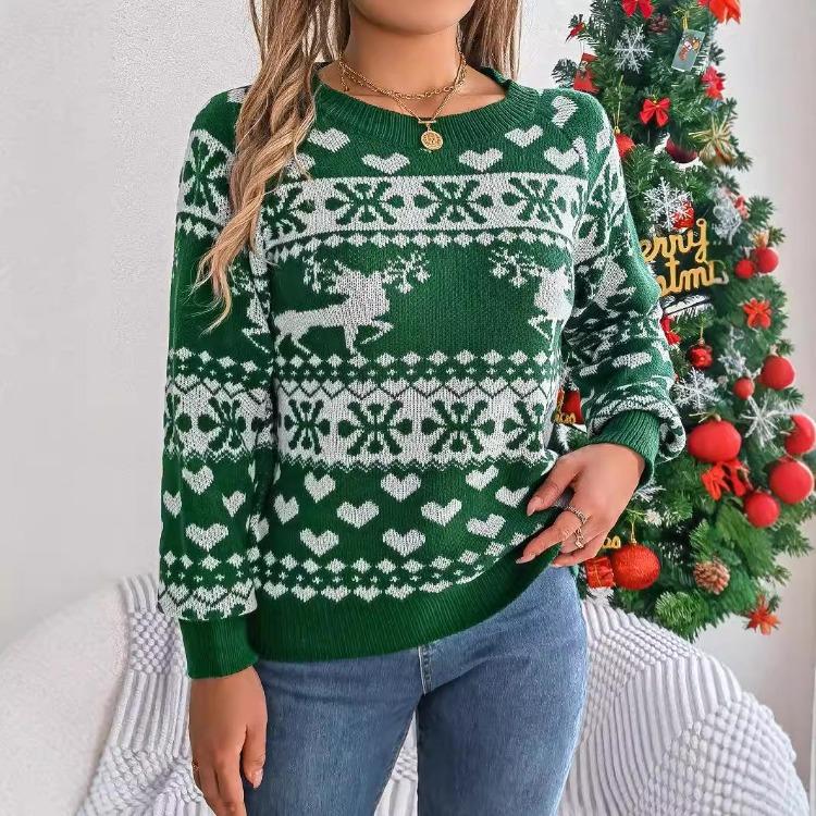 Vintage Christmas Sweater Knitwear Loose Long Sleeve Top Print Cardigan O Neck Autumn Winter