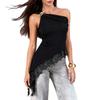 Women Solid Color One Shoulder Metal Buckle Lace Spliced Asymmetrical Hem Tank Top
