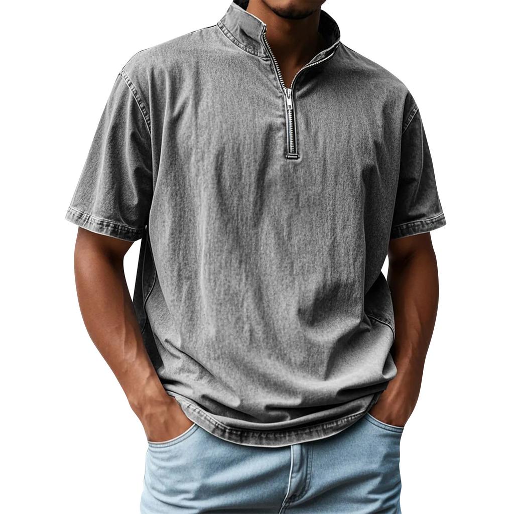 Pánské letní vintage košile s krátkým rukávem, klopou a zipem