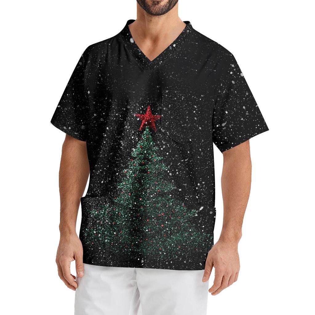 Men's Printing Short Sleeve V-neck Working Blouse Chest Pocket Carer Top