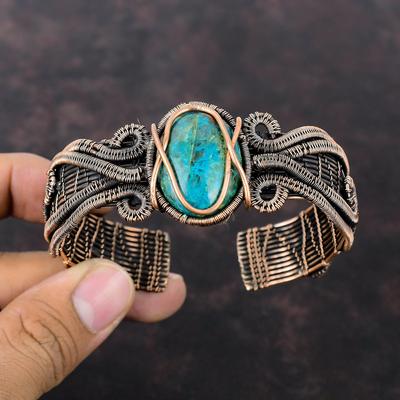 Chrysokoll Armreif Kupferdraht umwickelt Armspange Verstellbarer Armreif Handgefertigter Kupferdraht Schmuck Edelstein Armreif Zum Geschenk Brandneue Armspange