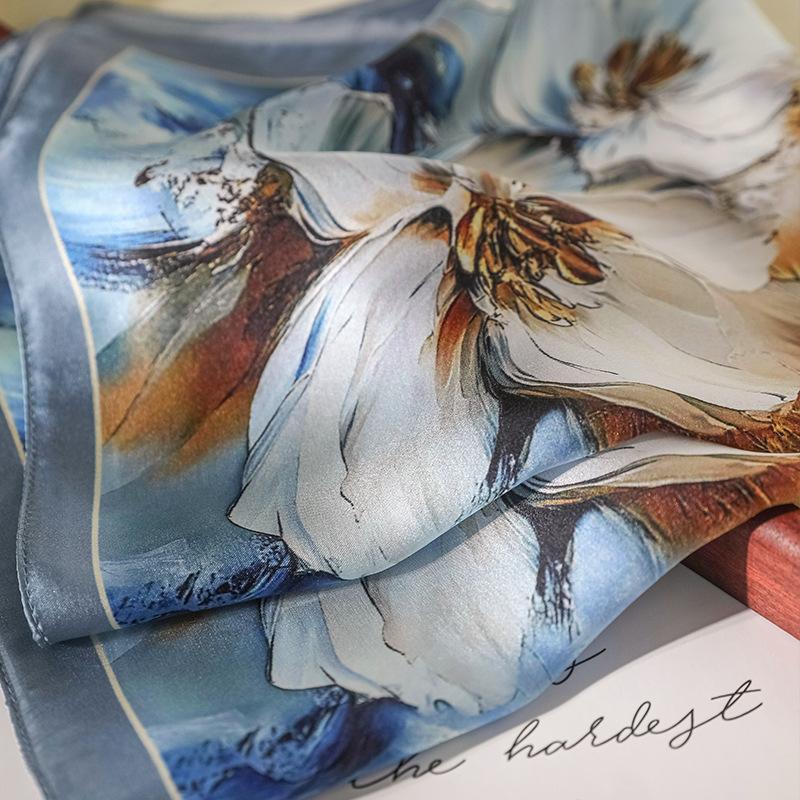 100% mulberry silk square scarf spring oil painting flower printing silk scarf women's versatile fashion small square scarf