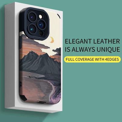 Vertical Grain Leather Stylish Castle Painted Fashion Soft Silicone Phone Case Back Cover with Camera Lens Full Protection