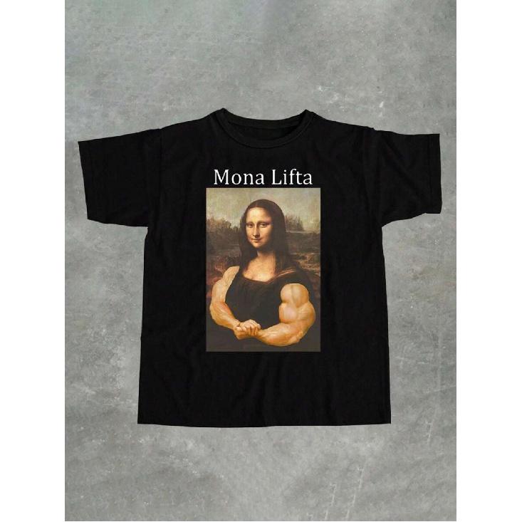 Monalift Men S Funny Mona Lisa Bodybuilding T-Shirt - Muscular Art Parody Design with Mona Litta Text, 95 /5 Elastane, Short Sleeve Round Neck Gym & S чёрный