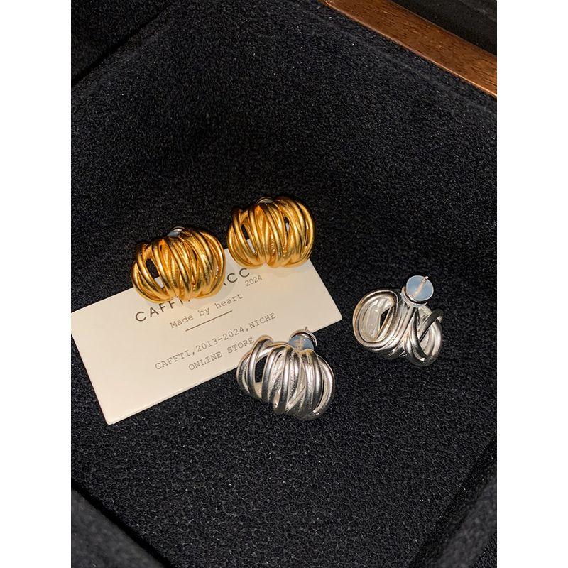 American Hollow Frosted Vintage Matte Gold and Silver Color Line Earrings Female Accessible Luxury Special-Interest Design Classy Ear Studs Earrings