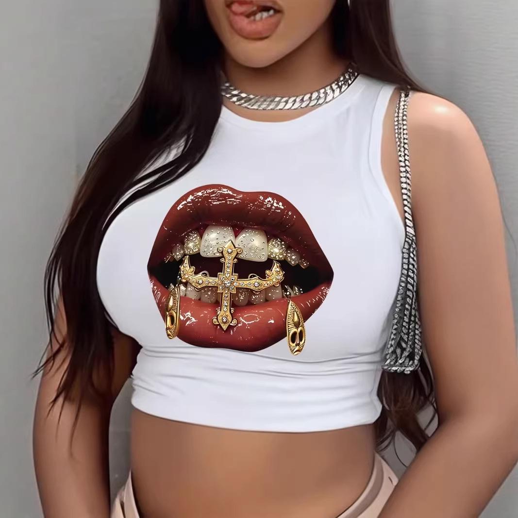 

European Spicy Girl Street Style Lip Print Cropped Vest for Spring/Summer L белый