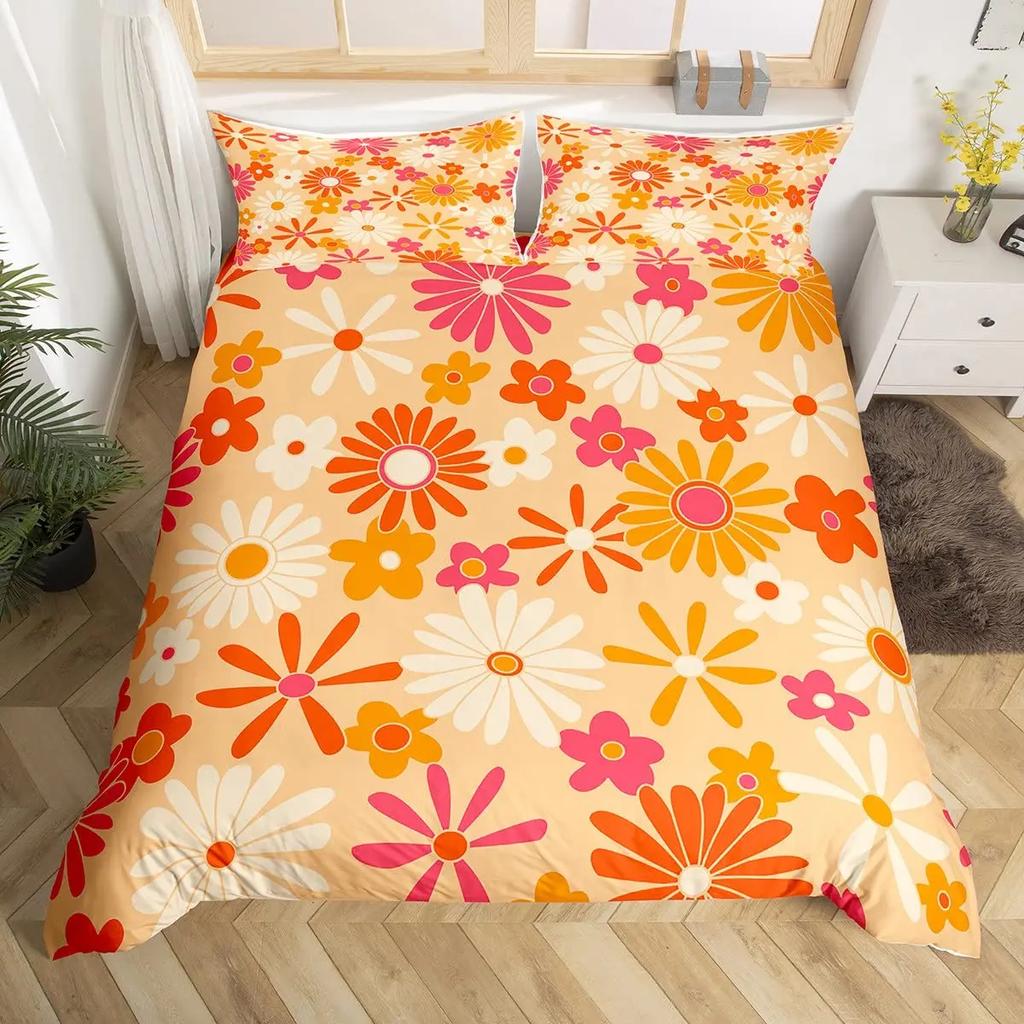 Hippie Flower Duvet Cover Set Boho Mandala Bedding Set Microfiber Groovy Flowers Comforter Cover King for Girls Women Room Decor