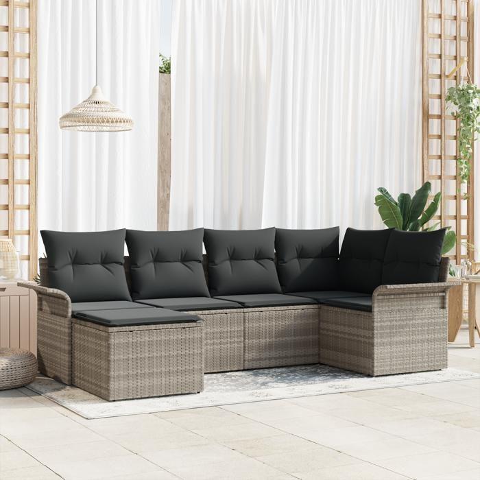 Ensemble de canapé de jardin 6 pièces avec coussins gris clair poly rattan, Canapé de jardin 2 places avec rangement 3354101