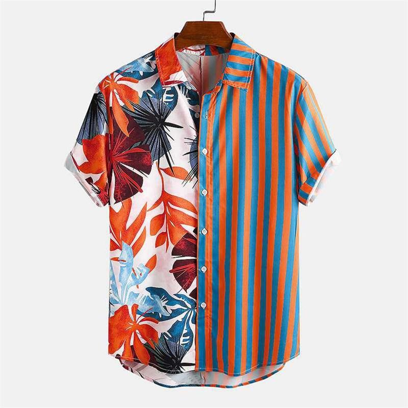 Printed Hawaiian Striped Leaf Shirt Summer Casual Shirt Men s Short Sleeved Top Street Loose Fit S