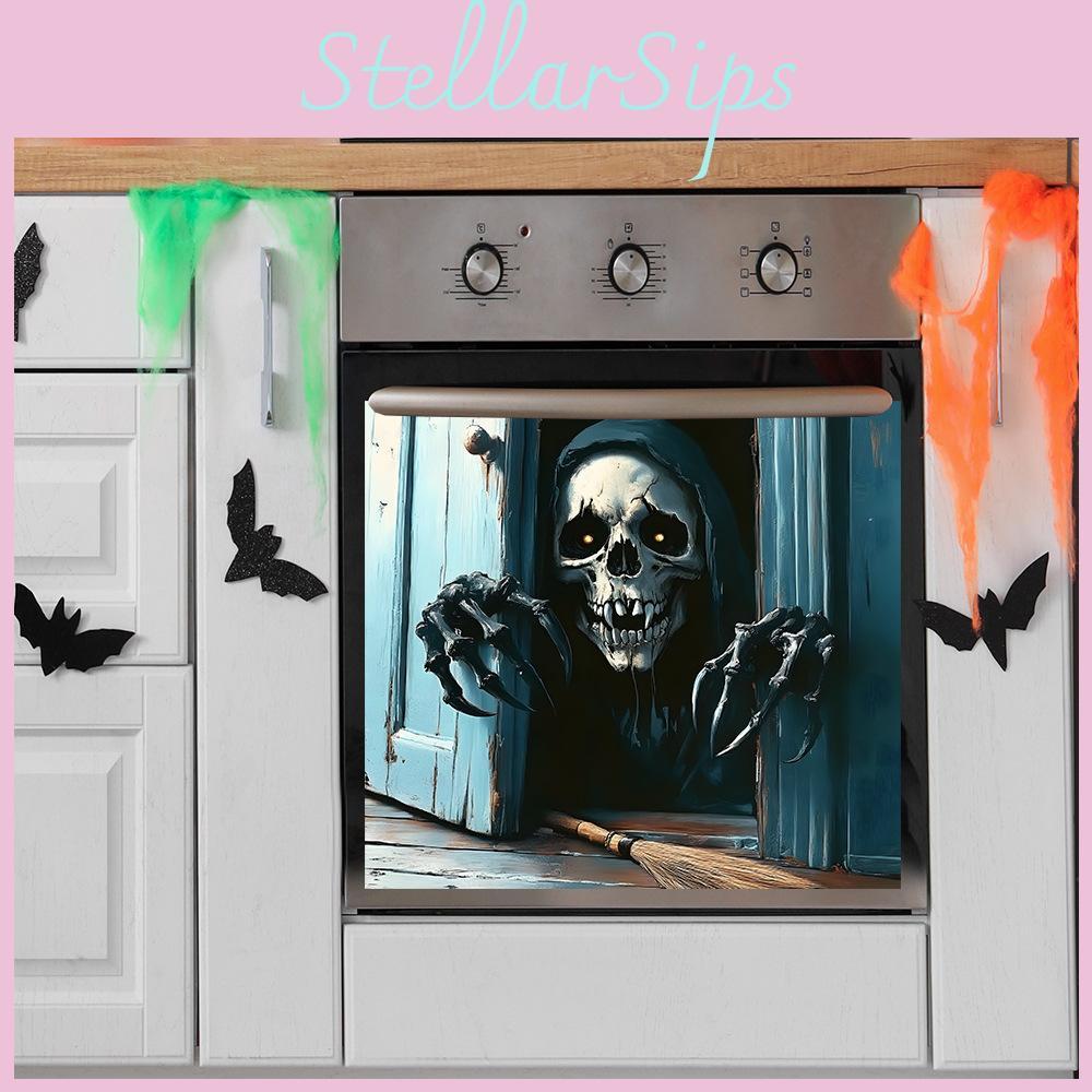 Halloween Skeleton Smile Open Door Glass Cabinet Kitchen Home Stickers Decor