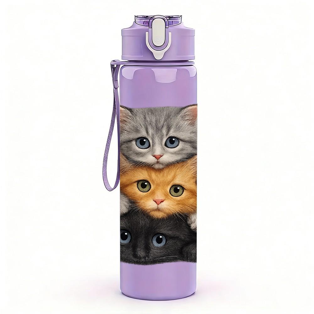 1PC Two Stacked Fluffy Cats 750ml Color Plastic Sports Water Bottle Leakproof Flip Straw Lid For Sports Office Home Use