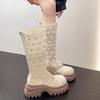 Fashion Mesh Fabric Women Knee High Boots Platform Thick Bottom Hollow-out Breathable Long Booties Dance Party Prom Shoes