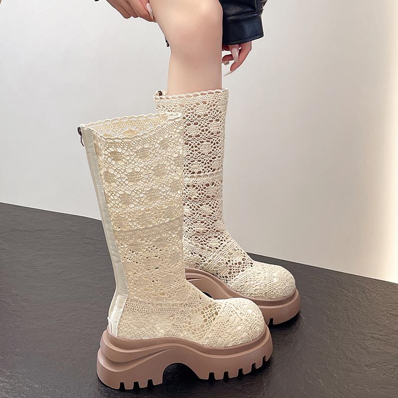 Fashion Mesh Fabric Women Knee High Boots Platform Thick Bottom Hollow-out Breathable Long Booties Dance Party Prom Shoes