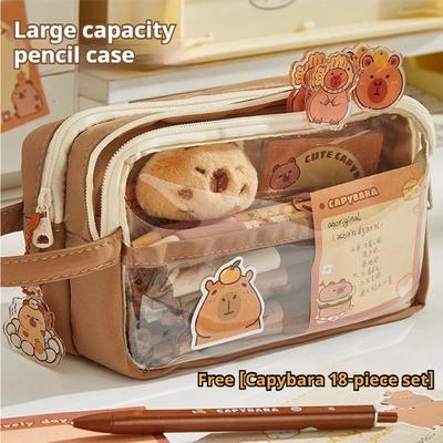 Kawaii Large Capacity Transparent Pencil Pouch with Handle Portable School Stationery Pen Bag