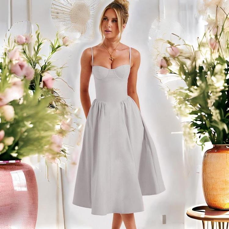 Women Print Dress High Waist Knee-Length Fashion Design Sense V-neck Backless Spaghetti Strap