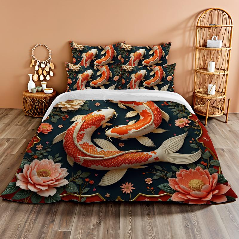3D Digital Printing Bedding Two Or Three-Piece Set Koi Rich Flower Polyester Quilt Cover
